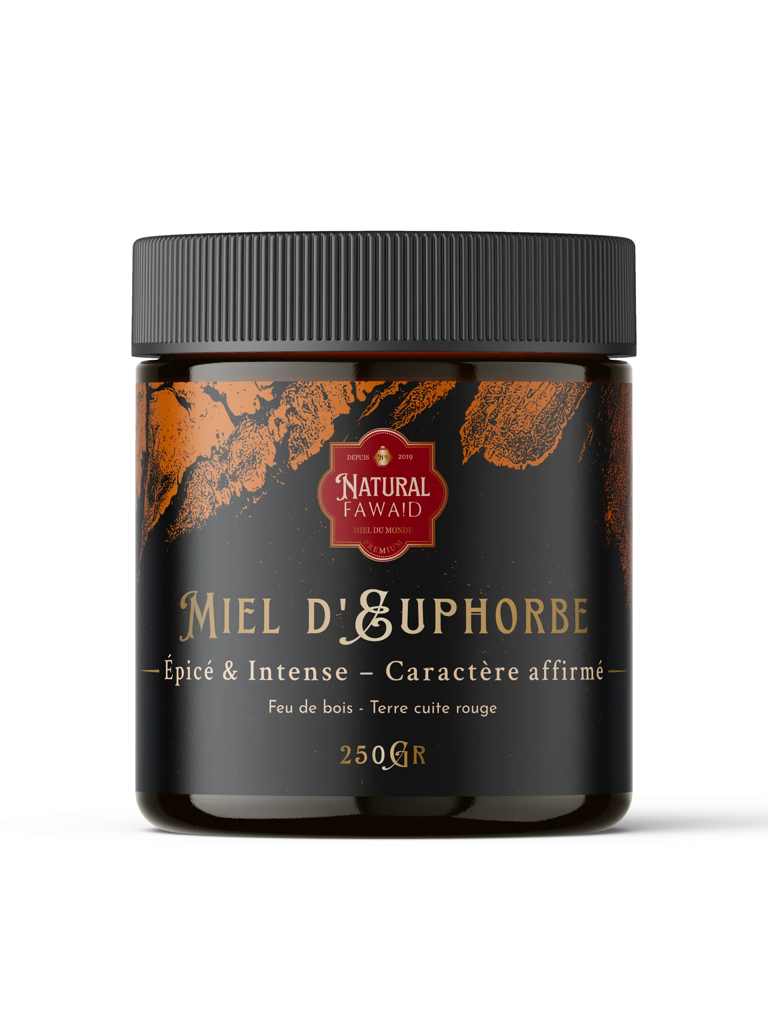 Pot de miel d’euphorbe du Maroc, miel rare au goût intense et à la texture ambrée.